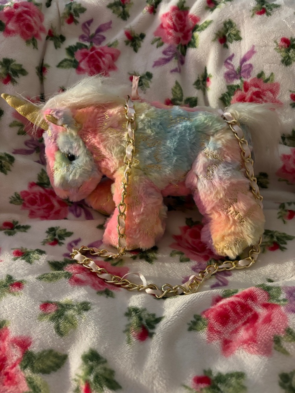 Plush Pastel Unicorn Crossbody Bag with Gold Chain